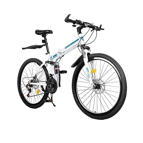 Mountain Bike pieghevoles : Yolancity Bicicletta da 26 pollici, cambio a 21 marce, sospensioni complete, freni a disco anteriori e posteriori, bicicletta pieghevole unisex, colore blu e bianco