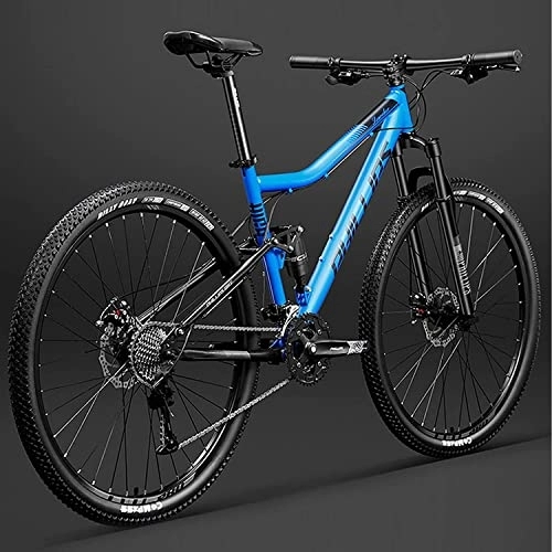 Mountain Bike : 29 inch Bicycle Frame Full Suspension Mountain Bike, Double Shock Absorption Bicycle Mechanical Disc Brakes Frame (Blue 24 Speeds)