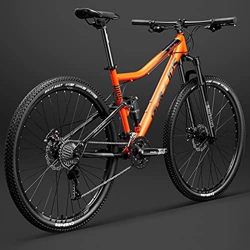 Mountain Bike : 29 inch Bicycle Frame Full Suspension Mountain Bike, Double Shock Absorption Bicycle Mechanical Disc Brakes Frame (Orange 30 Speeds)