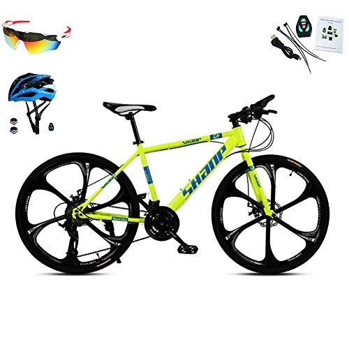 Mountain Bike : AI-QX Biciclette 26'' Uomini Donne, Mountain Bike MTB Alluminio con Ruota Integrata con Sei Coltelli, 30 velocità, Doppio Freno A Disco, Giallo