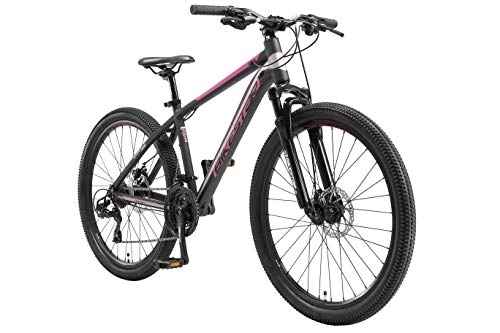 Mountain Bike : BIKESTAR Hardtail Mountain Bike in Alluminio, Freni a Disco, 26" | Bicicletta MTB Telaio 16" Cambio Shimano a 21 velocità, sospensioni | Nero Rosa