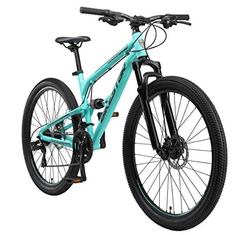 Mountain Bike : BIKESTAR MTB Mountain Bike Sospensione Completa in Alluminio, Freni a Disco, 27.5" | Bicicletta MTB Telaio 18.5" Cambio Shimano a 21 velocità | Turchese