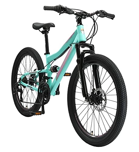 Mountain Bike : BIKESTAR MTB Mountain bike sospensione completa per bambini 8 anni | Bicicletta 24 pollici 21 velocità Shimano, freni a disco | Menta