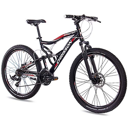 Mountain Bike : CHRISSON '26 Pollici in Alluminio MTB Mountain Bike Bicicletta emoter Fully Unisex con 21 G Shimano DSC-TX55 2 X Disk Nero Matt