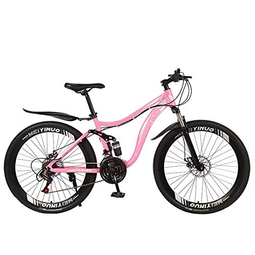 Mountain Bike : FXMJ Mountain Bike, 26 Pollici 27 Doppie Biciclette a Freno a Disco con Telaio in Acciaio ad Alto tenore di Carbonio, MTB a Sospensione Completa, Ruota in magnesio, Pink