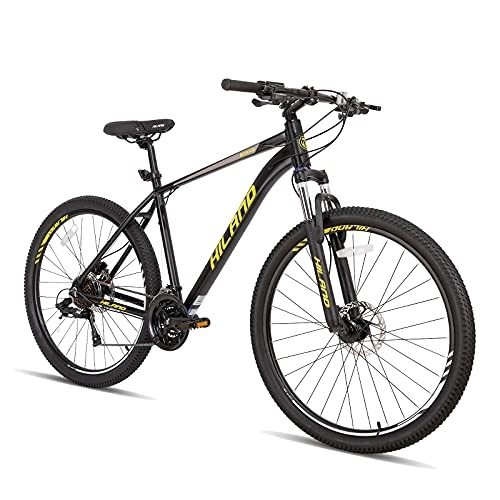 Mountain Bike : Hiland 27, 5 pollici MTB Mountain Bike Hardtail Mountain Bike con telaio in alluminio da 457 mm a 27 marce, freno a disco idraulico Lock-Out, forcella ammortizzata, nero e giallo, da uomo e da donna