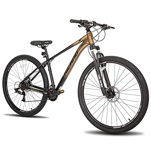 Mountain Bike : HILAND Mountain Bike Hardtail Mountain Bike MTB 431 mm telaio in alluminio freno a disco idraulico a 16 marce con forcella ammortizzata Lock-Out, da uomo, nero / oro