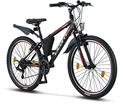 Mountain Bike : Licorne Bike - Mountain bike 26” cambio Shimano a 21 marce, forcella ammortizzata, bicicletta per bambini, ragazzi, donne e uomini, con borsa per il telaio, Bambino Uomo, nero / rosso / grigio
