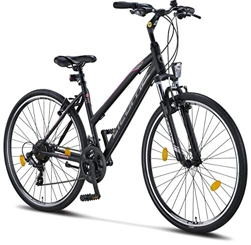 Mountain Bike : Licorne Bike Premium Trekking Bike in 28 pollici – Bicicletta per ragazzi, ragazze, donne e uomini – cambio Shimano 21 marce – Mountain Bike – Cross Bike – Life -L-V – Nero / Rosa