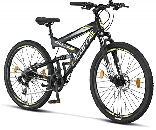 Mountain Bike : Licorne Bike Strong 2D Premium Mountain Bike Bicicletta per Ragazzi, Ragazze, Donne e Uomini – Freno a Disco Anteriore e Posteriore – 21 Marce – Sospensione Completa (Nero / Lime, 27, 5)