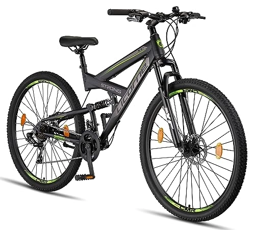 Mountain Bike : Licorne Bike Strong 2D Premium Mountain Bike Bicicletta per ragazzi, ragazze, donne e uomini – Freno a disco anteriore e posteriore – 21 marce – Sospensione completa (nero / lime, 29.00)