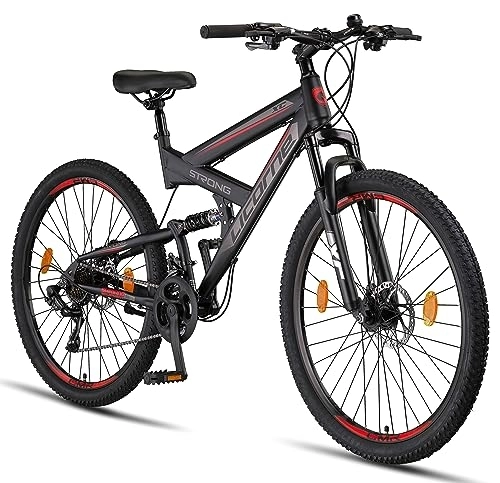 Mountain Bike : Licorne Bike Strong 2D Premium Mountain Bike Bicicletta per ragazzi, ragazze, donne e uomini – Freno a disco anteriore e posteriore – 21 marce – Sospensione completa (nero / rosso, 27, 5)