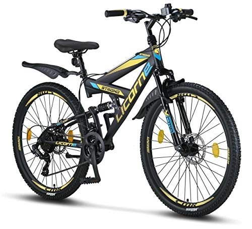 Mountain Bike : Licorne Bike Strong D 26" Mountain Bike Fully, Adatto a Partire da 150 cm, Freno a Disco Anteriore e Posteriore, Cambio a 21 Marce, sospensioni Complete, per Ragazzi, Nero / Blu / Lime