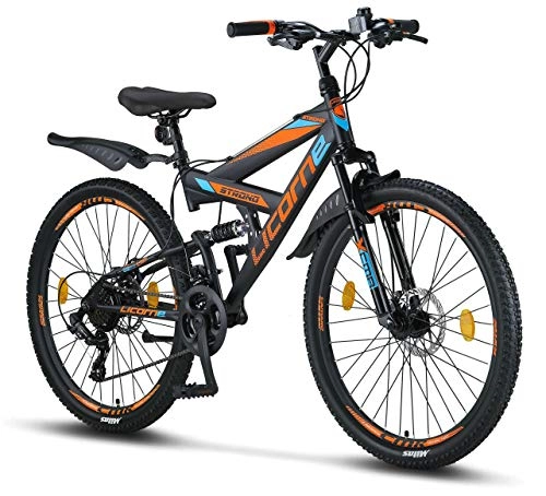 Mountain Bike : Licorne Bike Strong D 26" mountain bike Fully, adatto a partire da 150 cm, freno a disco anteriore e posteriore, cambio Shimano a 21 marce, sospensioni complete, per ragazzi, Nero / Blu / arancione