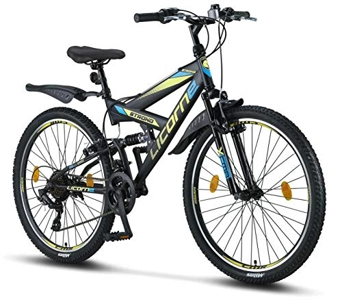 Mountain Bike : Licorne Bike Strong V 26 pollici Mountain Bike Fully, MTB, adatto a partire da 150 cm, V freno anteriore e posteriore, cambio 21 marce, sospensioni complete, bicicletta da ragazzo e da uomo