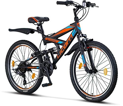Mountain Bike : Licorne Bike Strong V (nero / blu / arancione) mountain bike da 24 pollici full MTB, leva del cambio Shimano a 21 velocità adatta per 8, 9, 10, 11, sospensione completa, bici per bambini