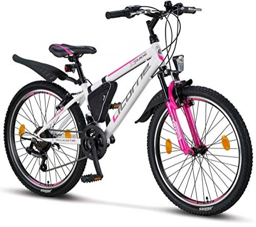 Mountain Bike : Licorne - Mountain bike per bambini, uomini e donne, con cambio Shimano a 21 marce, Bambina, bianco / rosa, 24
