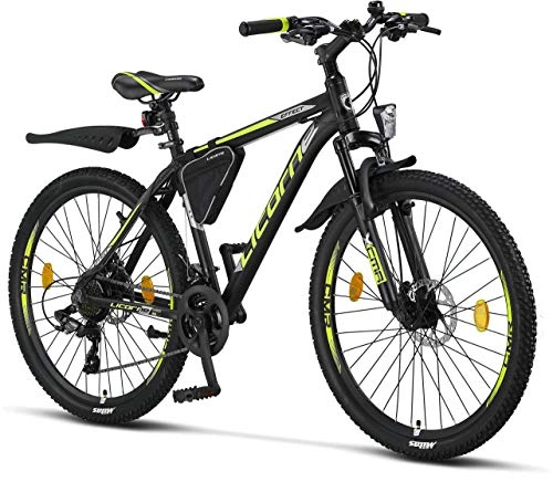 Mountain Bike : Licorne - Mountain bike Premium per bambini, bambine, uomini e donne, con cambio Shimano a 21 marce, Bambina, nero / lime (2 freni a disco)., 26 inches