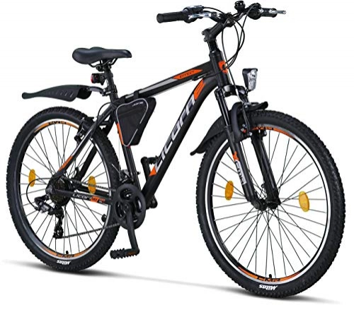 Mountain Bike : Licorne - Mountain bike Premium per bambini, bambine, uomini e donne, con cambio Shimano a 21 marce, Bambino Uomo, nero / arancione, 26