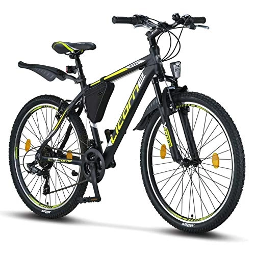 Mountain Bike : Licorne - Mountain bike Premium per bambini, bambine, uomini e donne, con cambio Shimano a 21 marce, nero / lime, 26 inches