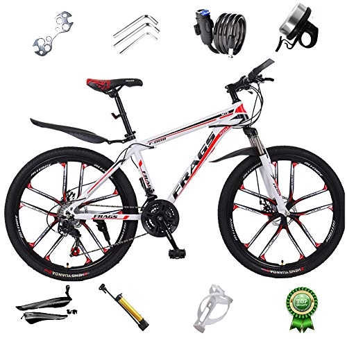 Mountain Bike : Mountain bike da uomo, telaio in acciaio al carbonio, cerchi in lega di alluminio Hardtail Mountain Bike, Mountain Bike con sedile regolabile con sospensione anteriore, White red, 26 inch 21 speed