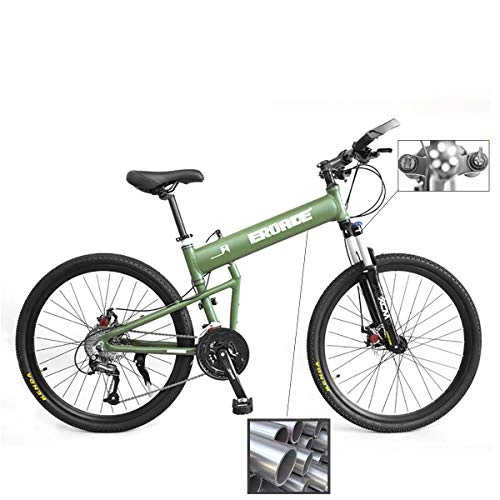 Mountain Bike : PXQ Mountain Bike pieghevole per adulti, 26 pollici, telaio in lega di alluminio pieno e pneumatici larghi 5, 5 cm Shimano M610 30 velocità fuoristrada con freno a disco e ammortizzatore. verde