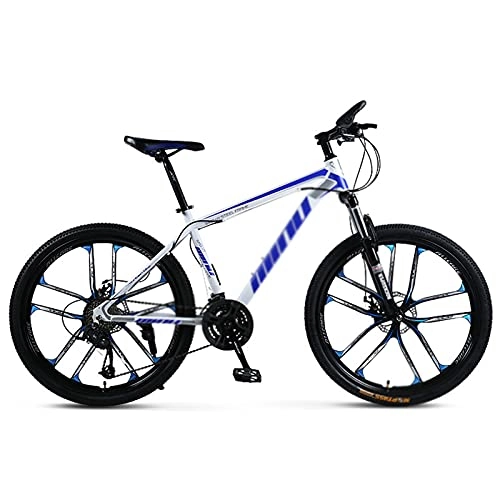 Mountain Bike : WANYE 26 '' Telaio in Acciaio Ad Alto Tenore di Carbonio Mountain Bike 21 / 24 / 27 velocità con Freno a Disco Shimano, 10 Razze, MTB per Adulti E Adolescenti White blue-21speed