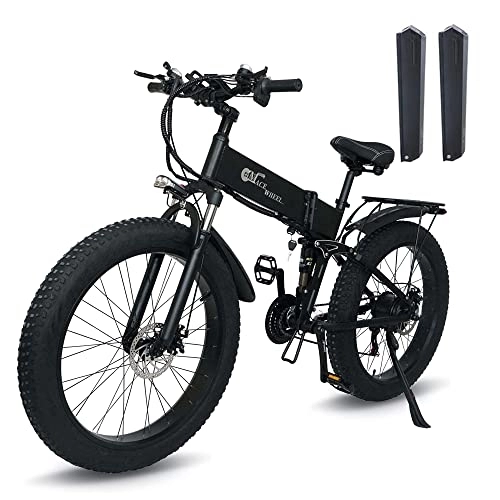 Bicicleta de montaña eléctrica plegables : 26'' Bicicleta Electrica Montaña, Bicicleta Eléctrica Plegable 2 * 10.8Ah batería Litio 48V, con Neumático Gordo 26"* 4", Kilometraje de Recarga hasta 120km, E-MTB Full Suspension (Nero)