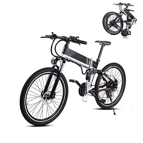 Bicicleta de montaña eléctrica plegables : 26 En Bici de montaña plegable eléctrico con 48V 350W batería de litio de aleación de aluminio eléctrico E-bici con Hide batería y delantera y trasera Amortiguadores bicicleta eléctrica, Blanco