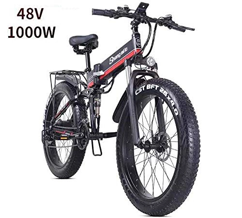 Bicicleta de montaña eléctrica plegables : 4.0 Fat tire Bicicleta elctrica, Bicicleta elctrica plegable Bicicleta elctrica atv moto de nieve bicicleta de montaña 48V / 1000W / 21 velocidad absorcin de choque Cuerpo de aluminio ligero Black