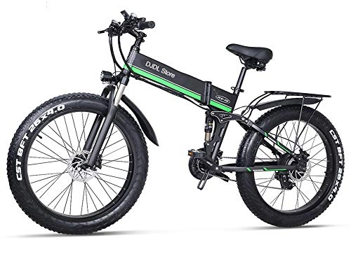 Bicicleta de montaña eléctrica plegables : Acptxvh Bicicleta de montaña Bicicleta eléctrica Plegable con la Nieve 48V de 26 Pulgadas 4.0 Fat Tire Pedal MTB 21 Velocidad E-Bici de Asistencia hidráulica del Freno de Disco, Verde
