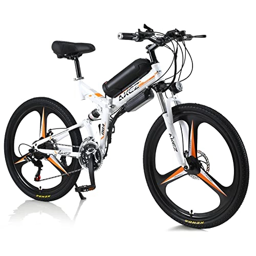 Bicicleta de montaña eléctrica plegables : AKEZ Bicicleta eléctrica plegable hombre mujer de 26 pulgadas, bicicleta eléctrica plegable montaña 250W bicicleta eléctrica plegable con batería de 36V, Shimano de 21 velocidades (blanco naranja)