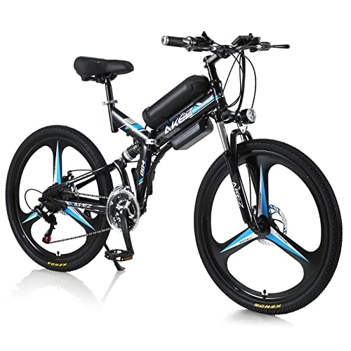 Bicicleta de montaña eléctrica plegables : AKEZ Bicicleta eléctrica plegable para hombre y mujer de 26 pulgadas, bicicleta eléctrica plegable montaña, 250W, bicicleta eléctrica plegable con batería de 36V y Shimano 21 velocidades (negro azul)