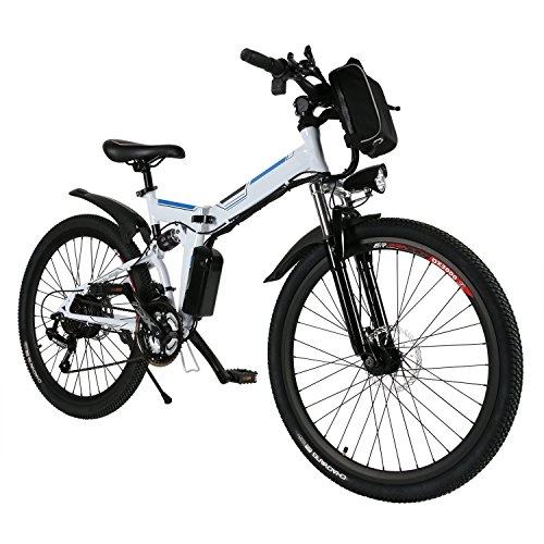 Bicicleta de montaña eléctrica plegables : AMDirect - Bicicleta de montaña eléctrica plegable con rueda de 26 pulgadas, batería de iones de litio de gran capacidad (36 V, 250 W), Suspensión total de calidad y engranaje Shimano, color blanco