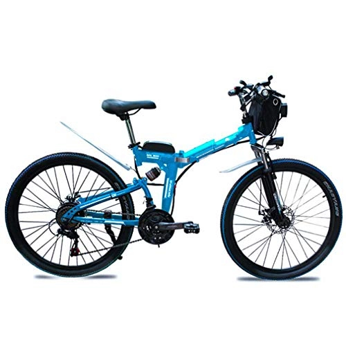 Bicicleta de montaña eléctrica plegables : AMGJ Bicicleta Eléctrica de Montaña, 21 Velocidades Asiento Ajustable 350 / 500W Motor Bicicleta, con Pedales Tres Modos de Trabajo Batería de Litio Desmontable, Azul, 48V15AH 500W
