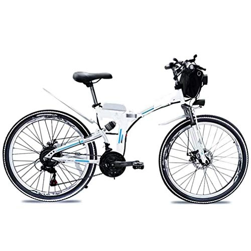 Bicicleta de montaña eléctrica plegables : AMGJ Bicicleta Eléctrica de Montaña, 21 Velocidades Asiento Ajustable 350 / 500W Motor Bicicleta, con Pedales Tres Modos de Trabajo Batería de Litio Desmontable, Blanco, 48V8AH 350W
