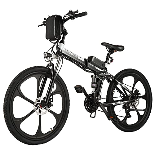 Bicicleta de montaña eléctrica plegables : ANCHEER Bicicleta Electrica 36V 8Ah, Bicicleta Eléctrica Plegable de 26 Pulgadas, Motor 250W Batería de Litio Extraíble, Shimano 21 Velocidades (26" Deporte Negro)