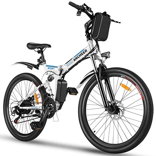 Bicicleta de montaña eléctrica plegables : ANCHEER Bicicleta Electrica Plegable, Bicicletas Plegables Adulto 26 Pulgadas, E-Bike de Montaña, Motor de 250 W, Batería de 36V / 8Ah, 21 Engranaje de Velocidad, Frenos de Disco Hidráulico Shimano