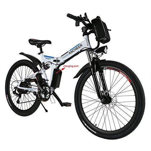 Bicicleta de montaña eléctrica plegables : ANCHEER Bicicleta Eléctrica de Montaña de 26 / 27, 5", Bicicleta Eléctrica con Batería de Litio de 8Ah / 10Ah / 12, 5Ah y Desviador de 21 Velocidades (AE3 Blanco Azul)