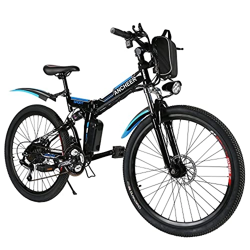Bicicleta de montaña eléctrica plegables : ANCHEER Bicicleta Eléctrica Plegable, 20" / 26" Bicicleta Eléctrica con Batería de Litio 36V 8Ah Extraíble, Suspensión Completa y 7 / 21 Velocidades