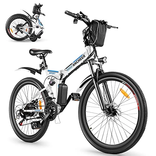 Bicicleta de montaña eléctrica plegables : ANCHEER Bicicleta eléctrica plegable de 26 pulgadas, con batería extraíble de 36 V y 8 Ah, con suspensión completa, 3 modos y profesionales de 21 velocidades