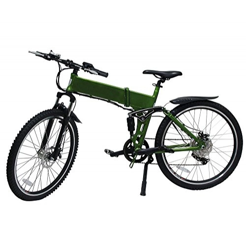 Bicicleta de montaña eléctrica plegables : Bicicleta de montaña eléctrica Cravog con marco de aluminio de 6 velocidades, motor central con contrapedal, incluye batería de 10 Ah / 36 V y cargador, verde, 26 pulgadas 66 cm