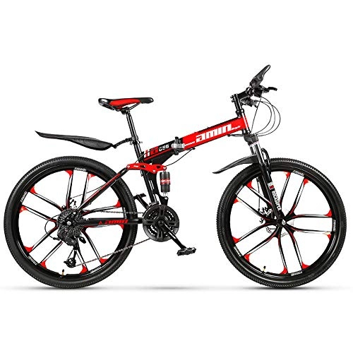 Bicicleta de montaña eléctrica plegables : Bicicleta de montaña plegable Frenos de doble disco Bicicleta MTB plegable todoterreno 21 Cambio de velocidad Plegable Ciclismo de viaje 26 pulgadas Neumático de diez cuchillas (Color: negro rojo)