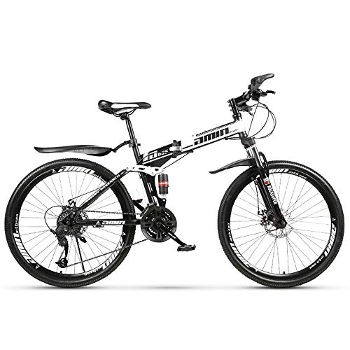 Bicicleta de montaña eléctrica plegables : Bicicleta de montaña Plegable Frenos de Doble Disco Bicicleta Plegable de MTB de 21 velocidades Cambio de Velocidad Plegable Touring Ciclismo Amortiguación Neumático de 26 Pulgadas (Negro Blanco)