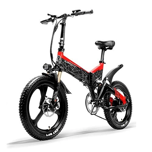 Bicicleta de montaña eléctrica plegables : Bicicleta elctrica Bicicleta de montaña de 20 pulgadas Bicicleta elctrica plegable 400 W Batera de litio de 48 V Batera de 7 velocidades Asistente de bicicleta Suspensin completa-48V 12.8A rojo
