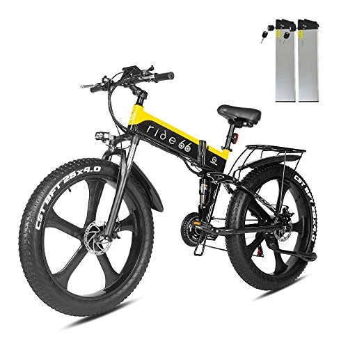 Bicicleta de montaña eléctrica plegables : Bicicleta Electrica Plegable 26 Pulgadas 1000W 48V batería Dual MTB E-Bike Adulto Hombre Mujer (Negro Amarillo)