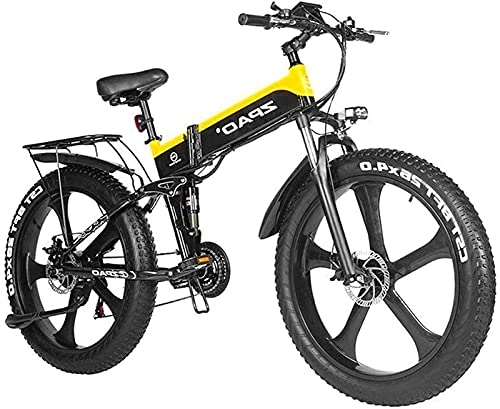 Bicicleta de montaña eléctrica plegables : Bicicleta eléctrica 1000W 48V Bicicleta de montaña Plegable de 26 Pulgadas con neumático Grueso E-Bike Pedal Assist Freno de Disco hidráulico (Color: Amarillo)