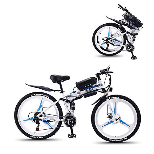 Bicicleta de montaña eléctrica plegables : Bicicleta Eléctrica De 26 Pulgadas, Plegable, De Montaña, con Gran Capacidad (36 V, 350 W), Doble Suspensión Y 21 Velocidades Shimano, Blanco, 10AH