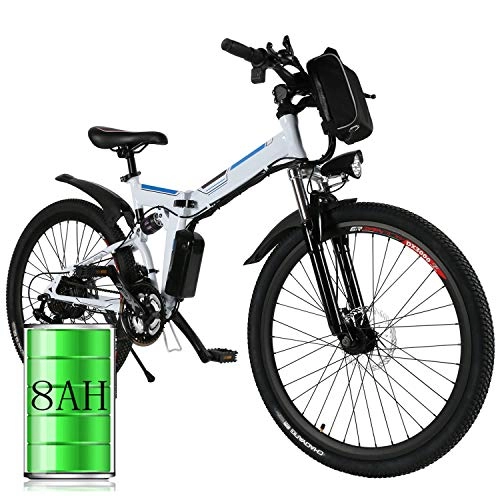 Bicicleta de montaña eléctrica plegables : Bicicleta eléctrica de montaña, 250W, Batería 36V E-Bike Sistema de Transmisión de 21 Velocidades con Linterna con Batería de Litio Desmontable (A_Blanco, 26 Pulgadas)