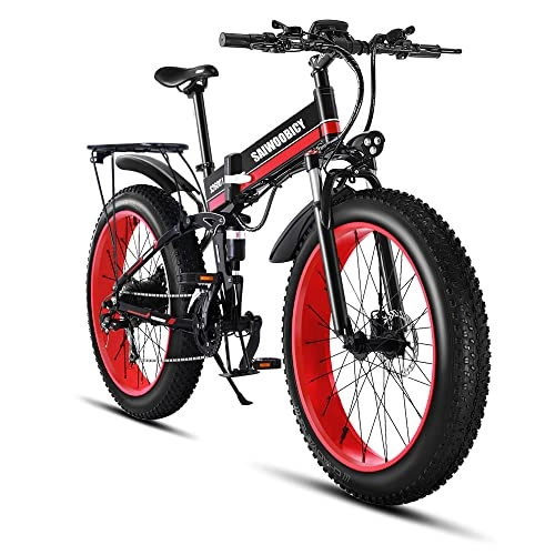 Bicicleta de montaña eléctrica plegables : Bicicleta eléctrica Plegable SAIWOO de 26 Pulgadas, Moto de Nieve con neumáticos Anchos 4.0, Bicicleta de montaña, Equipada con batería de Litio extraíble Shimano de 7 velocidades, 48V12.8Ah,
